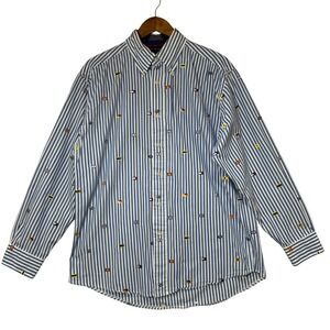 Tommy Hilfiger Men L Embroidered Flag Blue Stripe Button Down Shirt Coastal Y2K